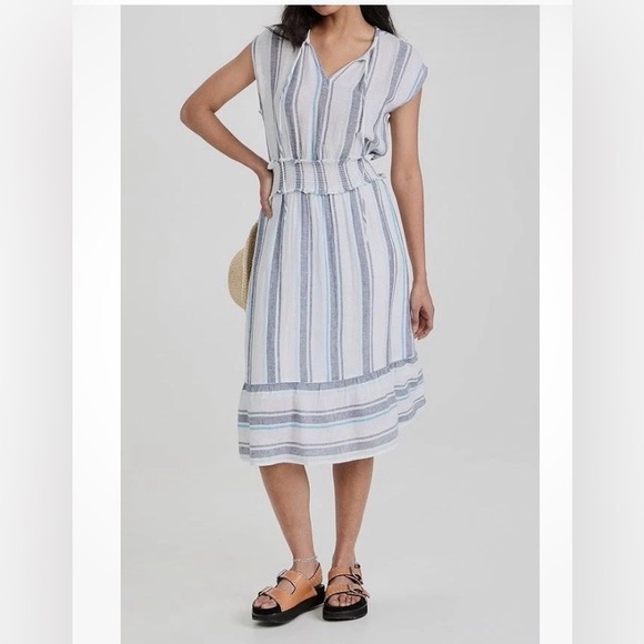Rails Dresses & Skirts - Rails Ashlyn Aegean Blue & White Striped Linen Blend Tie Neck Midi Dress - s